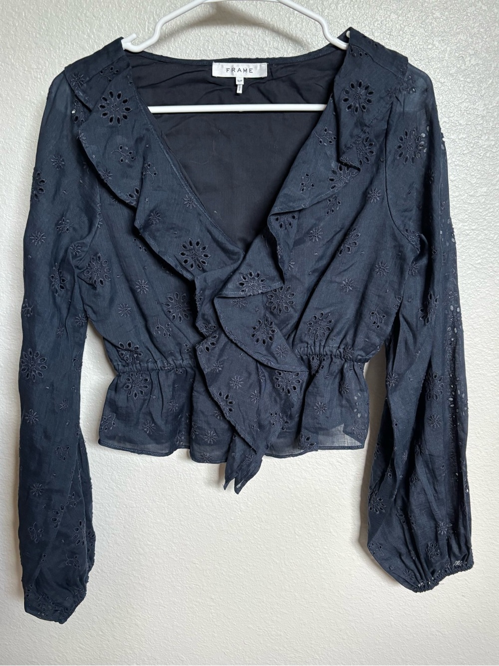 Frame Denim Navy Eyelet Ruffle Wrap Top